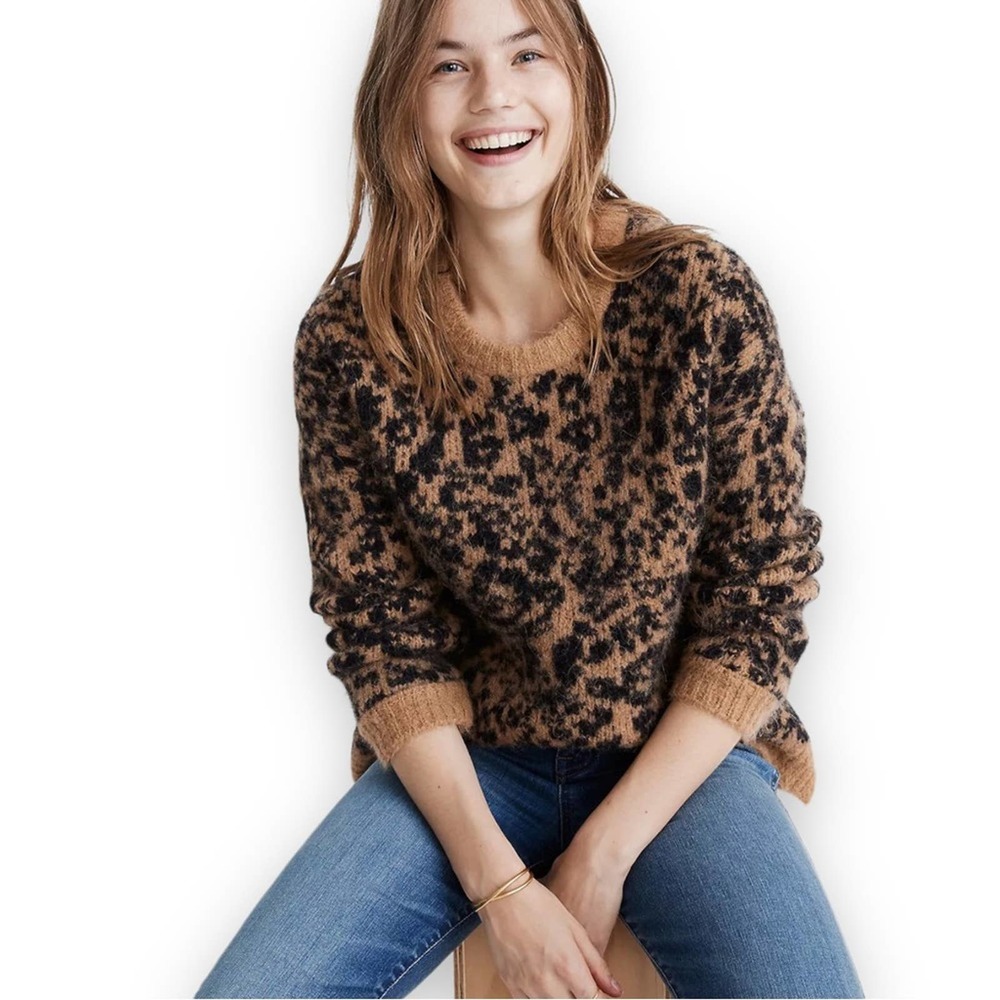 NWT Madewell Crewneck Pullover Sweater Leopard Alpaca Merino Wool Medium G-14776